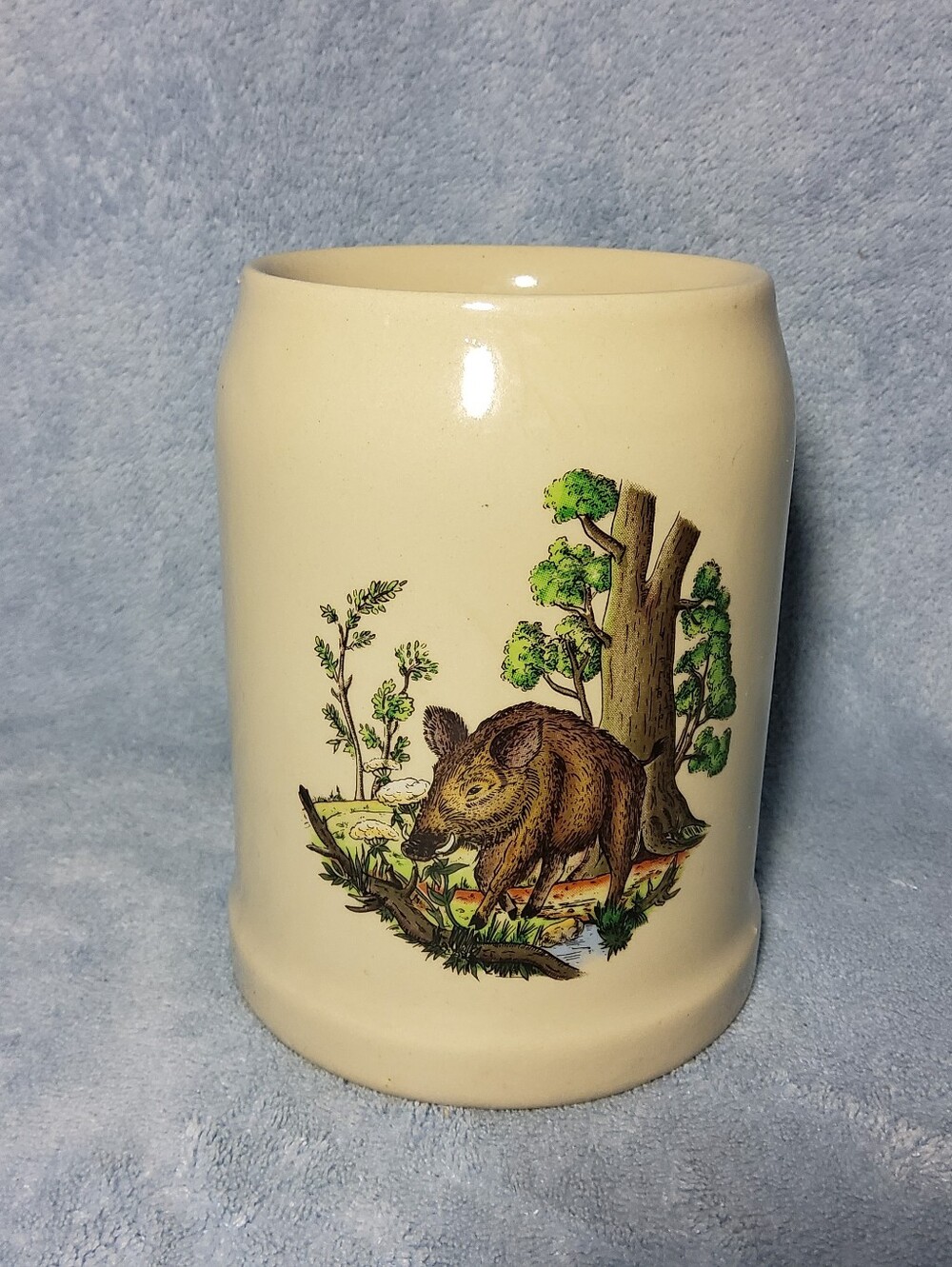 Vintage German Stoneware Beer Mug 0.5L Wild Boar Hunting Theme Ceramic Stein K.S
